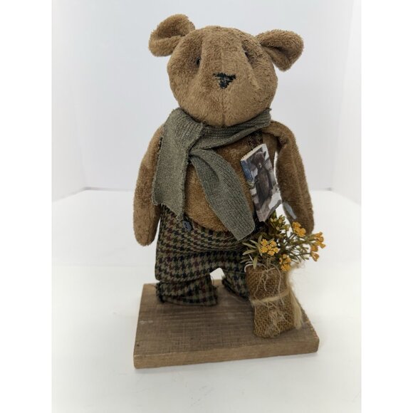 Vintage Stuffed Teddy Bear Rustic Folk Art Primitive Decor Figure On Wood 10” - Picture 1 of 8